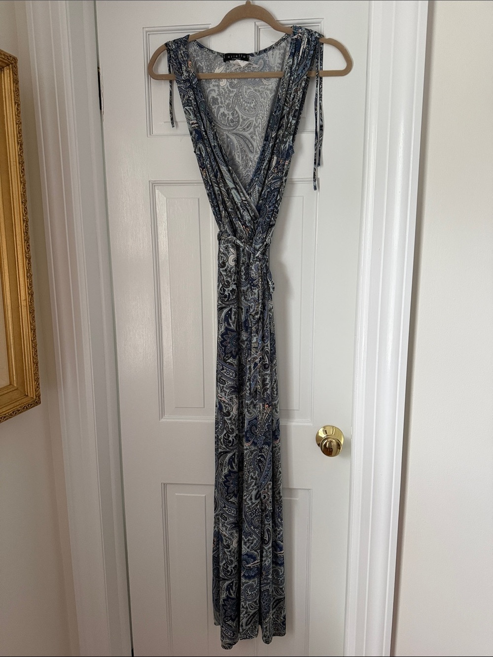 Ariella Navy and Gray Paisley Wrap Jumpsuit